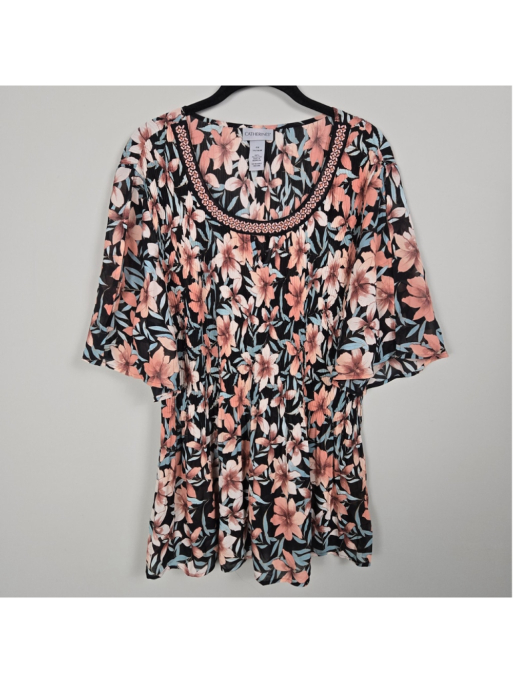 Catherines Womens Artsy Beaded Pleated Tunic Top 0X Pink Stretch Resort Flowy